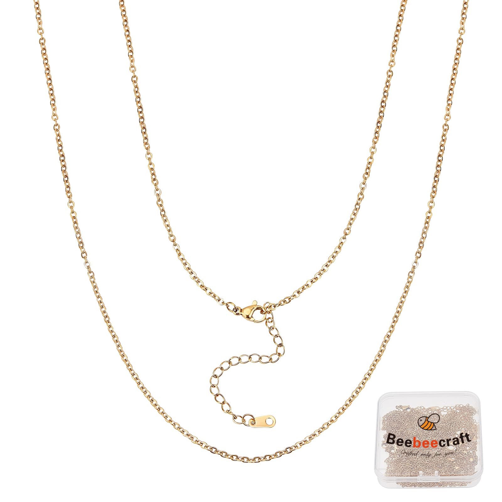 Beebeecraft 12Pcs Necklace Chains 18K Gold Plated 304 Stainless SteelLink Necklace with Lobster Clasps and Extender Chain for Jewellery Making (16.14 inch(2mm))