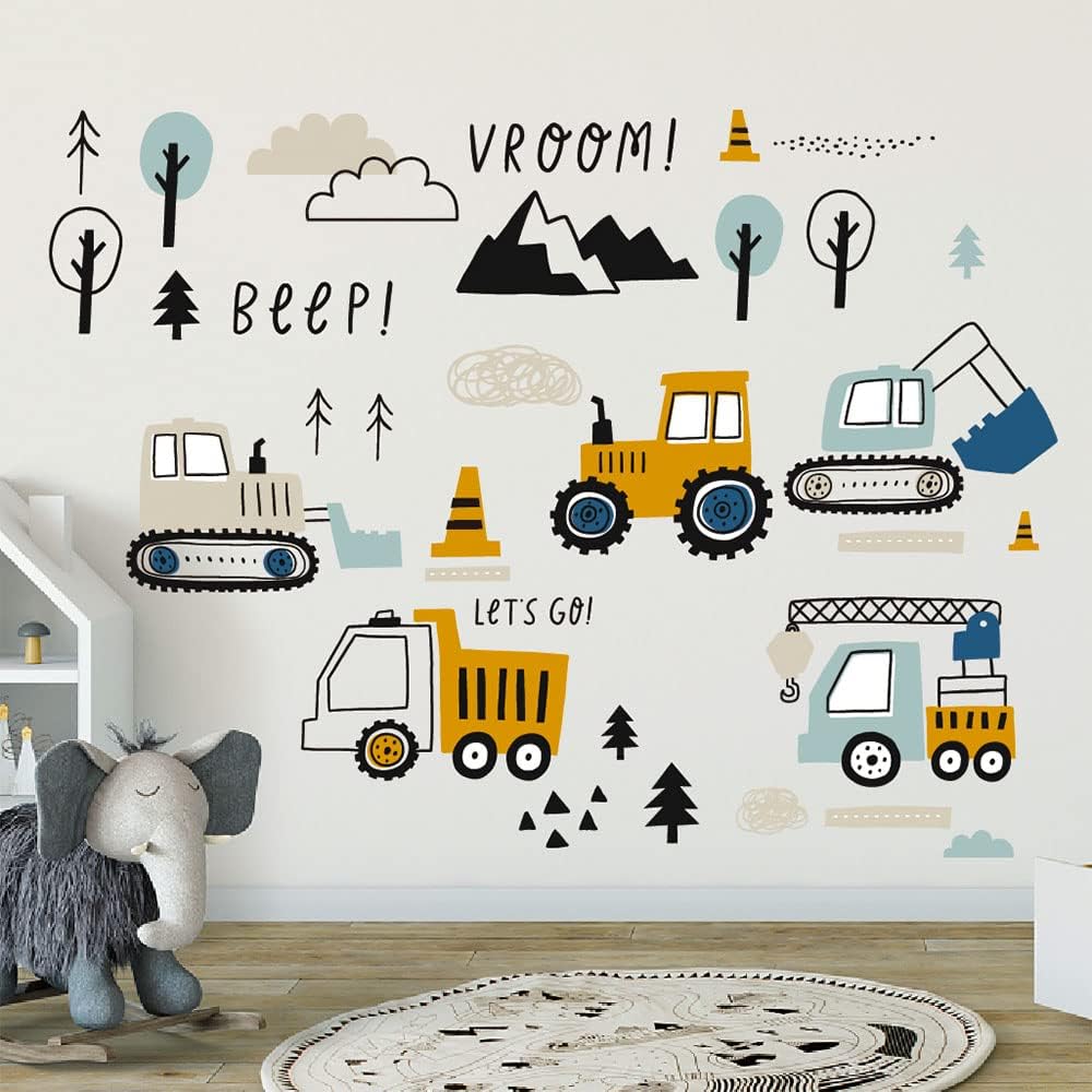 Mulaibdin 74 Pcs Digger Tractor Wall Stickers, Nursery & Kids Wall Stickers, Wall Sticker for Bedrooms, Boys Room Decor, Truck Excavator Sticker for Toddlers, Construction Vehicles Sticker