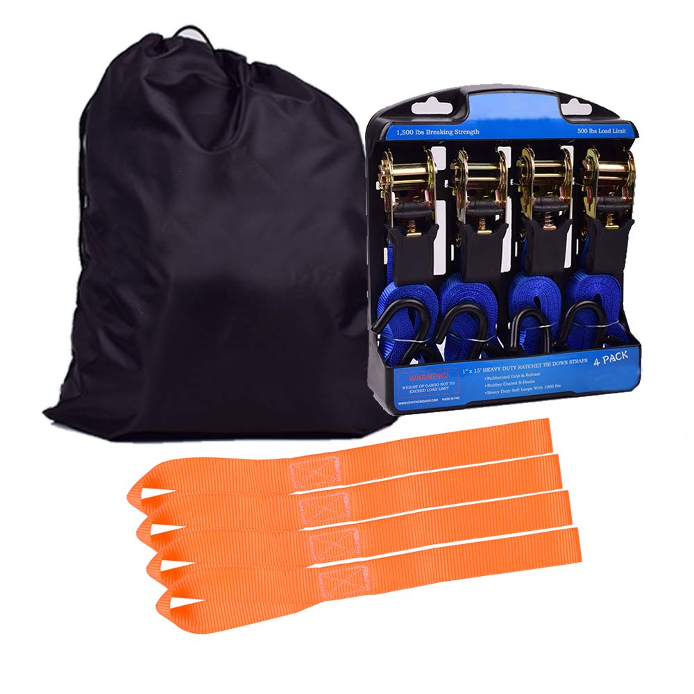 TIE Down Strap Ratchet Tie Down Straps - 4 Pk-15 Ft 1500 Lb Break Strength - Cargo Straps for Securing Motorcycle, Kayak, Truck, Trailer and Boat Lawn Equipment- Includes 4 Soft Loops