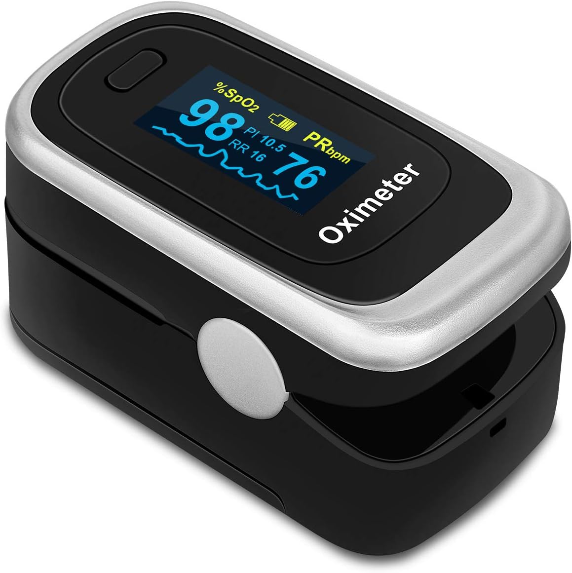 Pulse Oximeter Finger Fingertip Blood Oxygen Saturation (SpO2), Pulse Rate, Respiratory Rate, Blood Perfusion Index (PI) Monitor with Omnidirectional OLED Display, CE