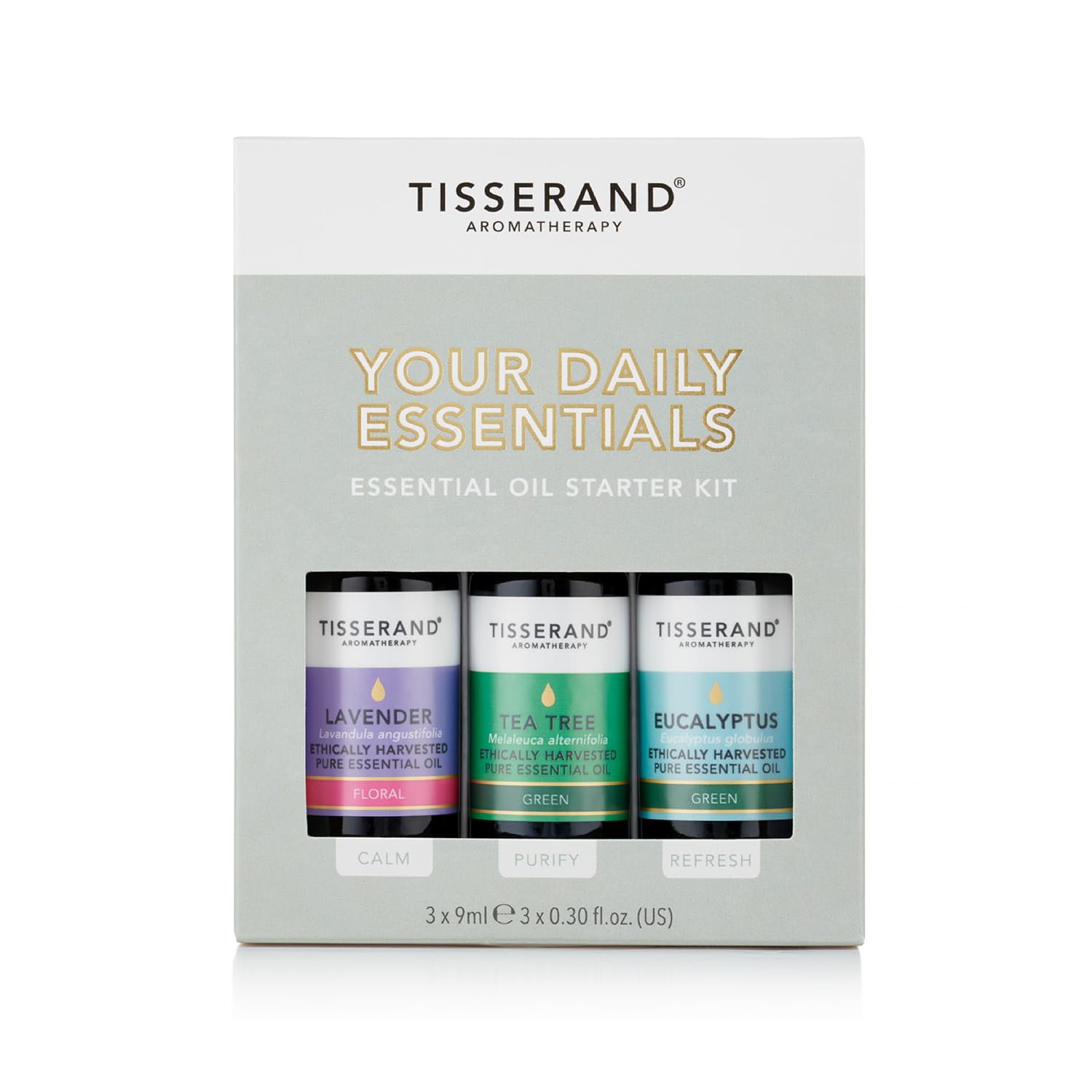Tisserand - Your Daily Essentials Kit - Lavender, Tea Tree, and Eucalyptus Essential Oils - Massage, Bath, Inhalation, Skin and Diffuser Essential Oils - 9 ml Bottles