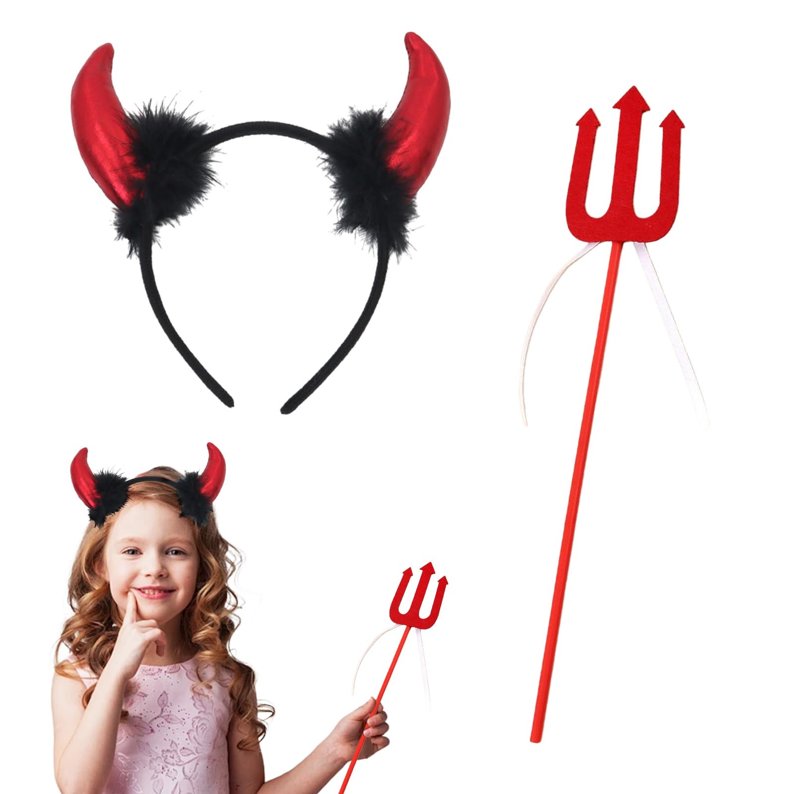 GWAWG 2PCS Sequin Devil Horns Headband and Pitchfork, Demon Cosplay Hair Hoop Accessories Set, for Fun Fancy Dress Parties, Masquerade Carnival Halloween