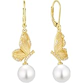 Vinoya 925 Sterling Silver Pearl Earrings for Women Pearl Butterfly Dangle Drop Earrings Cubic Zirconia White/Yellow Gold Plated Earring Jewelry