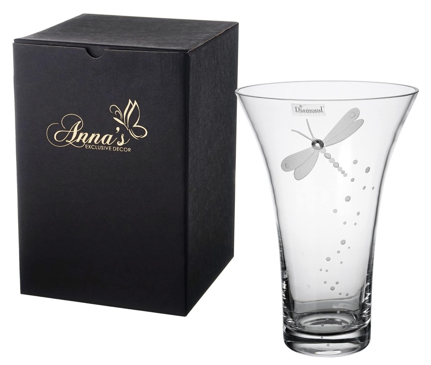 Dragonfly Vase - Handmade Glass Vase - Premium Crystal and Etched Dragonfly Decor - Golden Gift Box - Clear Mouth Blown Centerpiece - 9.4 in (24 cm)