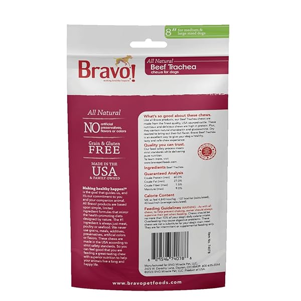 BRAVO! BEEF TRACHEA DOG CHEWS, 8 INCH (2 COUNT) FOR MEDIUM AND LARGE BREED DOGS, DRY ROASTED, HIGH PROTEIN, NATURAL SOURCE OF CHONDROITIN AND GLUCOSAMINE