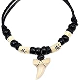 Swimmi Genuine Mako Shark Tooth Necklace for Men Women Boy Girl with Seed Beads and Adjustable Waxed Cord Handmade Jewelry GA384 Black, White