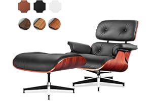 Asukale Top Black Grain Leather, Mid Century Chaise Lounge Chair and Ottoman, Modern Chair Classic Design, Heavy Duty Base Support for Living Room Study Lounge Office, Darkrosewood, Heightening