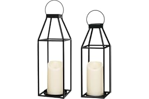 HPC DEC R OUR HAPPY PLACE HPC Decor Black Metal Candle Lanterns Set of 2- Lanterns Decorative with Flickering Timer Candles- 17.4'' & 15'' Rustic Farmhouse Lanterns Candle Holder for Indoor, Outdoor, Tabletop (No Glass)