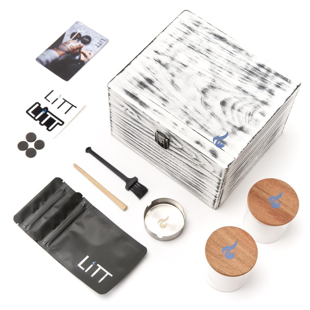 LITT Large Distressed Grey Wooden Storage Box with Built-in Roll Tray - Rolling Accessory Organizer