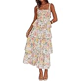 Argeousgor Womens Floral Print Maxi Dresses Tiered Ruffles Long Dress Spaghetti Strap Sleeveless Flowy Layered Sundress