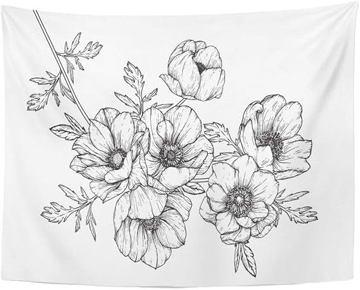 Aocck Tapestry Wall Hanging Botany Anemone Flowers Drawing With Line On White Drawn Sketch Anemones Beauty 60 X 80 Home Decor Art Tapestries For Bedroom Living Room Dorm Apartment Amazon Co Uk Kitchen