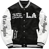 GORGLITTER Men's Button Down Varsity Baseball Jacket Trendy Graphic Letterman Jacket Y2K Bomber Coat Preppy Clothes