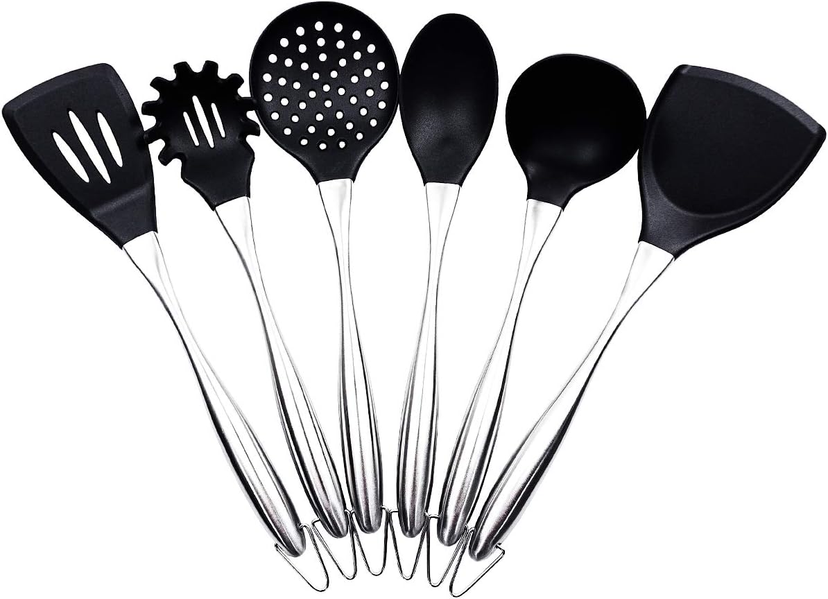 iFCOW Kitchen Utensil Set 6 Pieces Stainless Steel Silicone Serving Utensils Nonstick Spatula Pasta Server Spoons Heat-Resistant Cookware Set