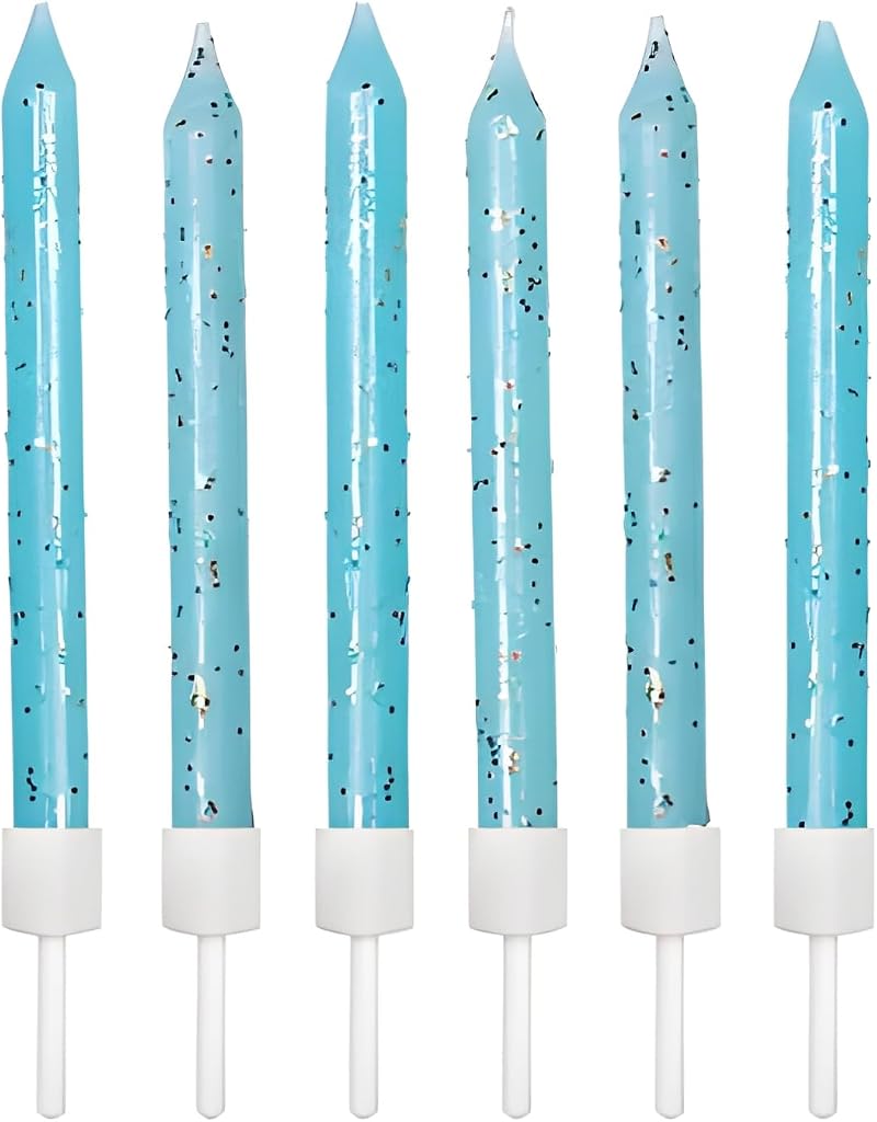 Anniversary House Pale Blue Glitter Candles 12 with Holders 7.5cm