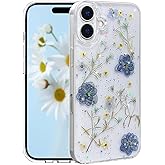 CEOKOK for iPhone 16 Floral Case Clear with Real Pressed Violet Blue Flowers Design Cute Bling Glitter Sparkle Slim Soft TPU Transparent Protective Women Girl's Girly Phone Cover Shell