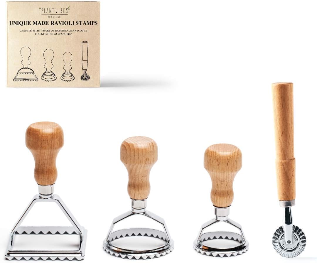 Plantvibes Ravioli Cutter Set of 3, Traditional Ravioli Stamps with Wooden Handle, Comfortable and Easy