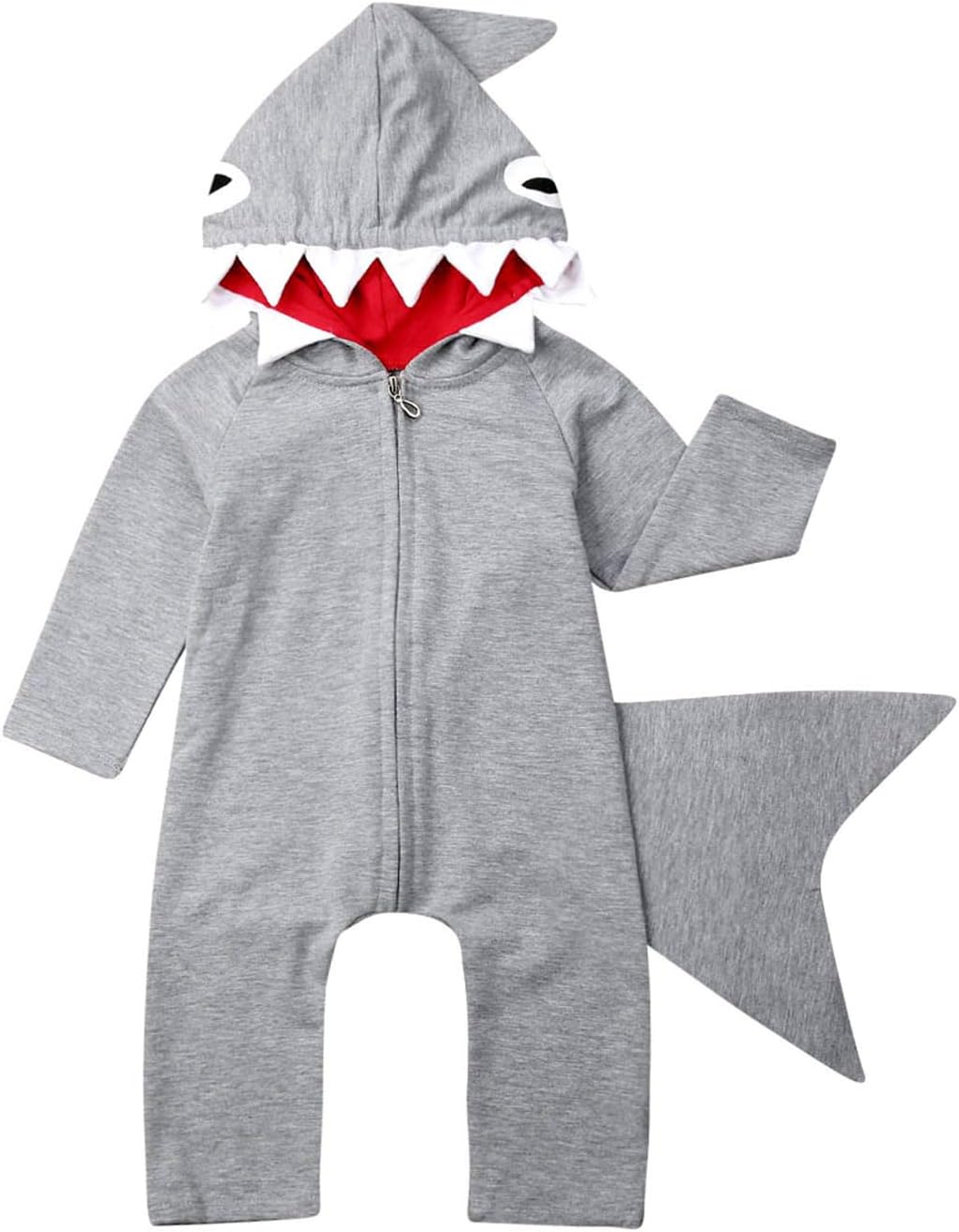 Infant Baby Boy Girl Solid Color Gray Hooded Sweatshirt Jumpsuit 3D Shark Teeth Shark Tail Fin Design Winter Hoodie