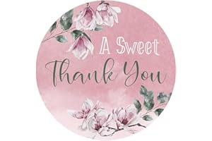 Floral Magnolia Thank You Stickers by Adore By Nat – Wedding, Bridal & Baby Shower Favor Labels – 2" & 2.5" Round (Pink, 2.5"