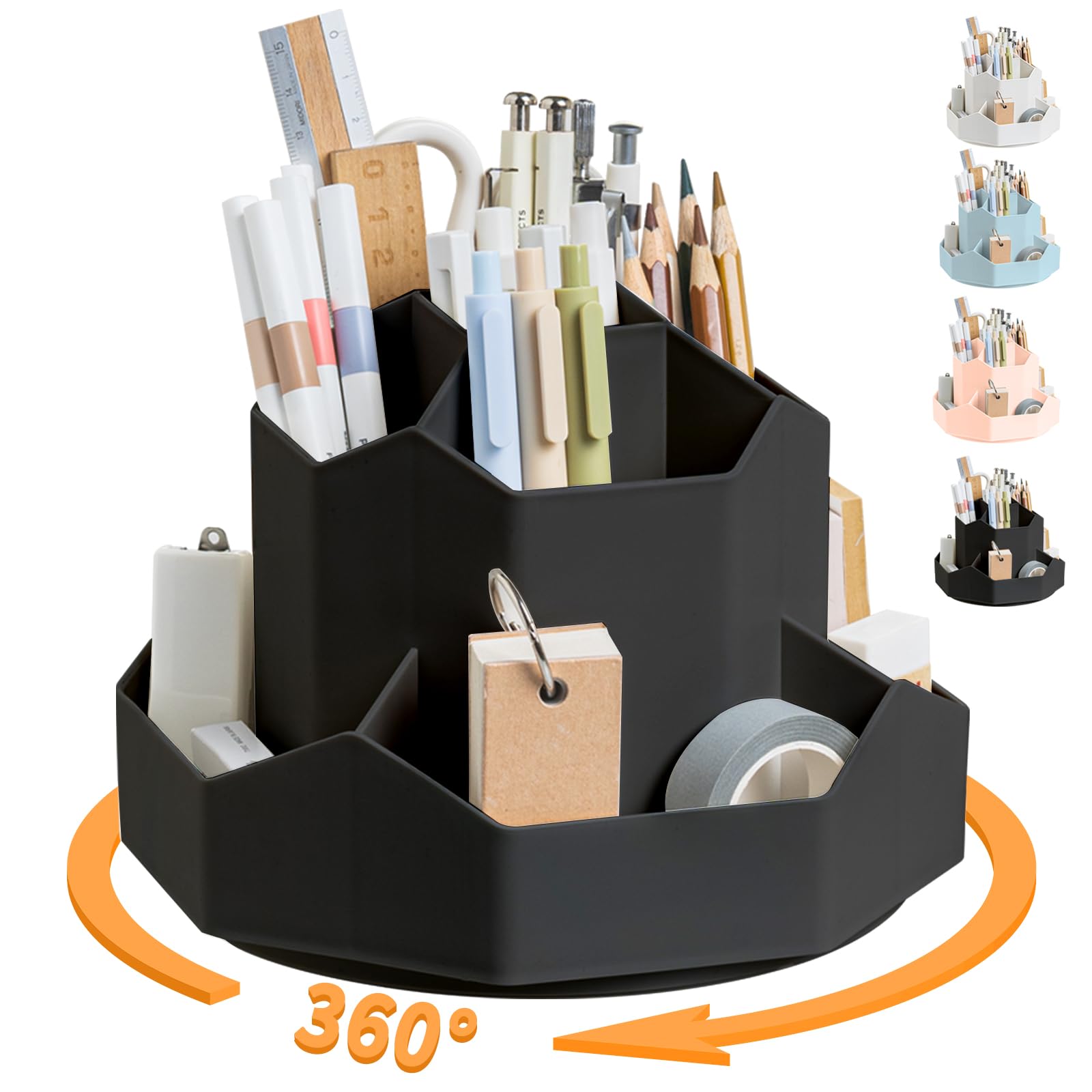 Photo 1 of Pencil Pen Holder for Desk,9 Slots 360 Degree Rotating Desk Organizers,Desktop Storage Stationery Supplies Organizer, Cute Pencil Cup Pot For Office, School, Home(Black)
