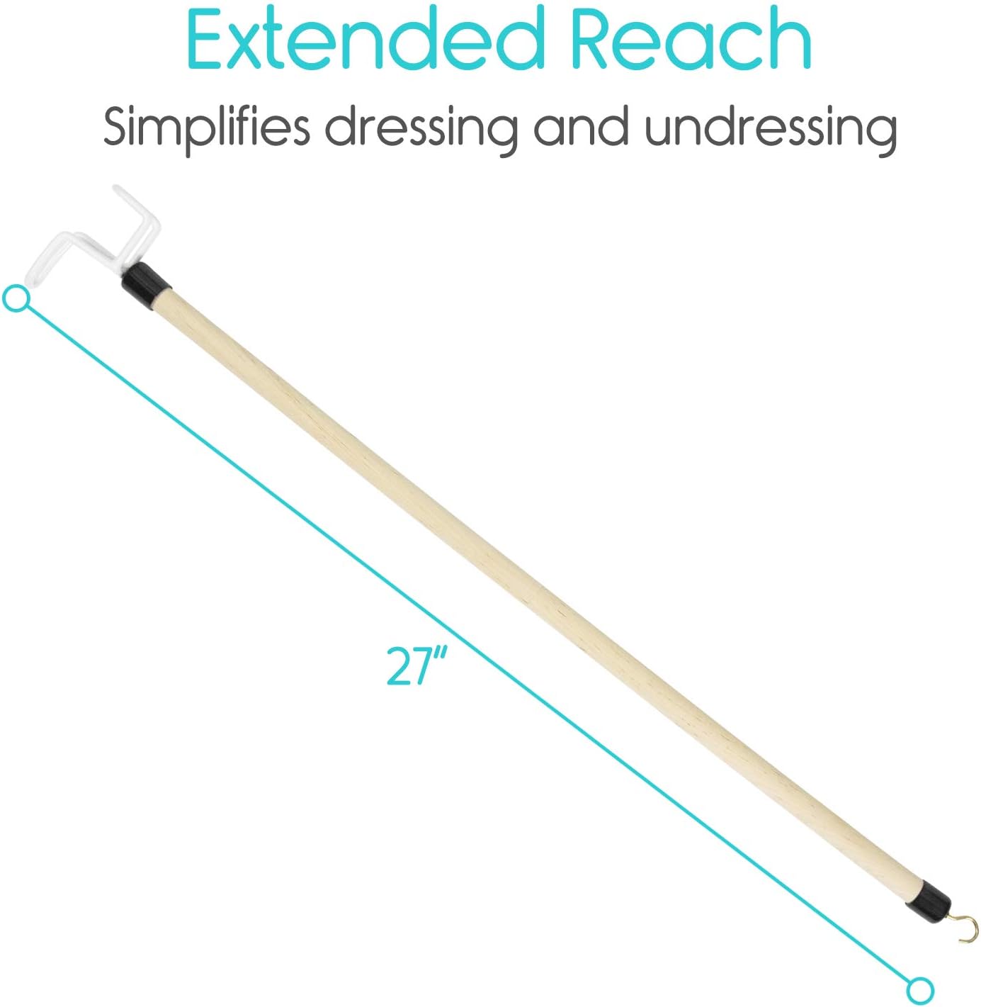 Vive Dressing Stick with Zipper Puller (27 Inch) - Sock Remover Tool - Independent Living Aid - Elderly, Seniors, Disabled, Men, Women - Mobility Helper for Compression Stockings, Dress, Jacket, Pants: Health & Personal Care