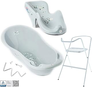 Tega Baby ® Baby Badewanne mit Gestell und Verschiedene Sets mit Babybadewannen + Ständer + Abfluss + Badewannensitz 0-12 Monate | ergonomisch Neugeborene, Motiv:Eule - grau, Set:4 Set