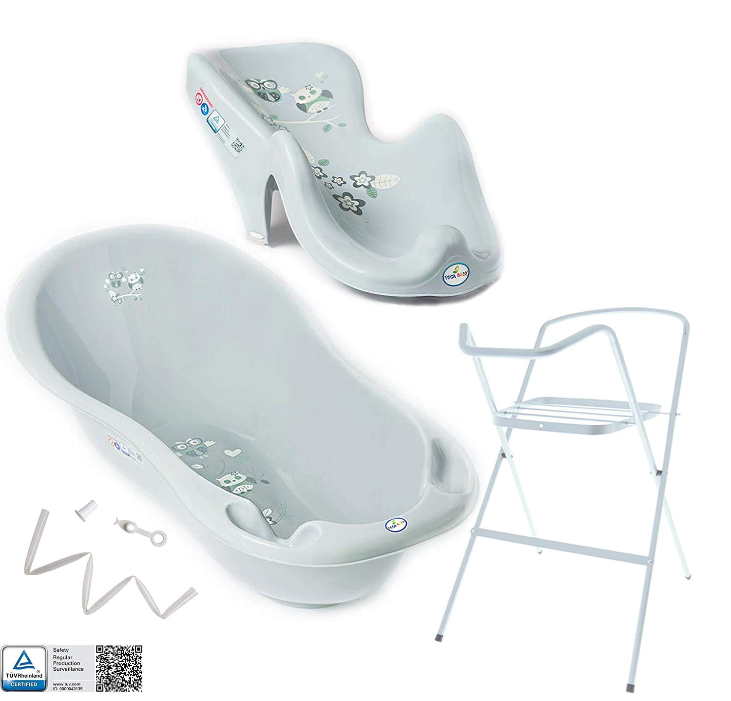 Tega Baby ® Baby Badewanne mit Gestell und Verschiedene Sets mit Babybadewannen + Ständer + Abfluss + Badewannensitz 0-12 Monate | ergonomisch Neugeborene, Motiv:Eule - grau, Set:4 Set