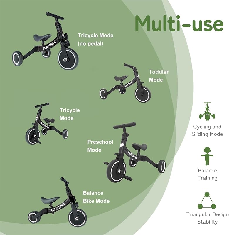 Besrey triciclos infantis, bicicleta multifuncional 5 em 1, adequado para crianças de 1 a 4 anos, triciclo, bicicleta, carro de equilíbrio, andador, altura do assento ajustável, preto