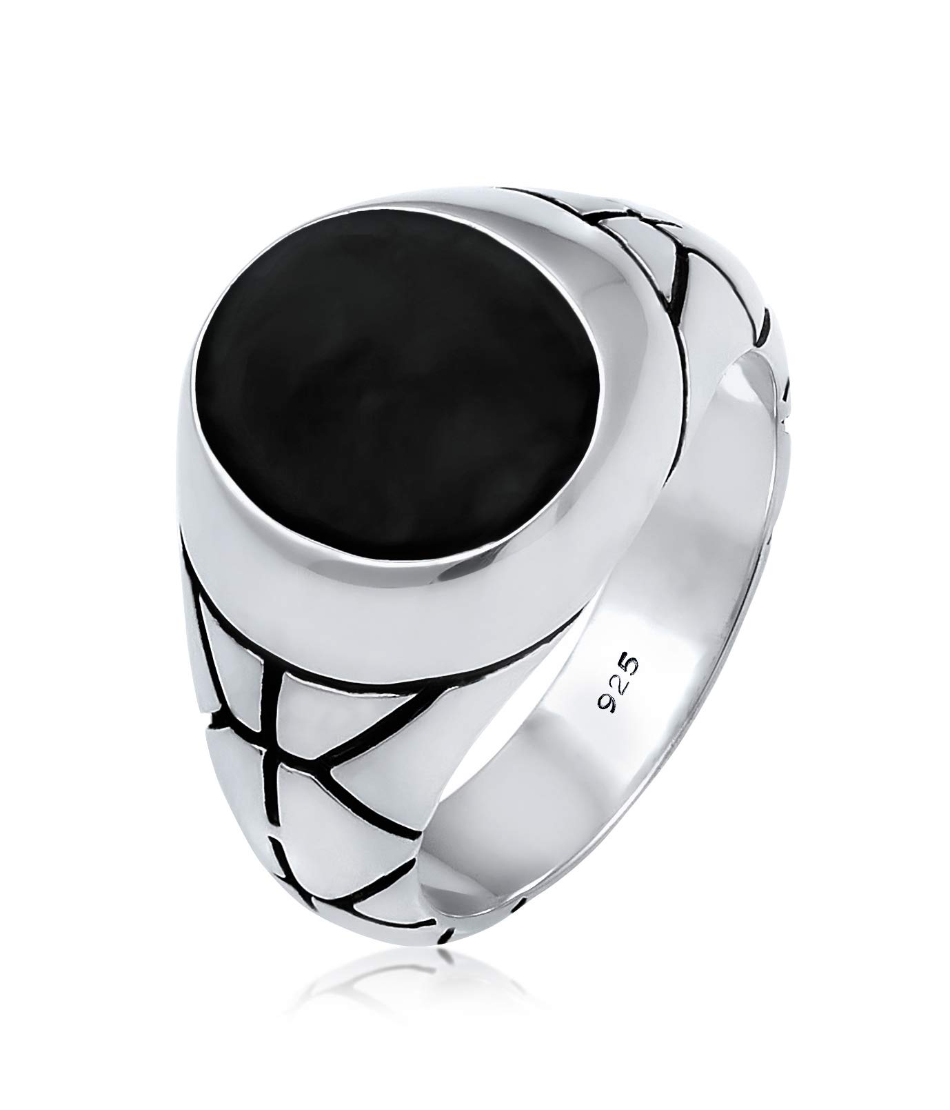 Kuzzoi Men Signet Ring Oval Enamel Black, Solid 13 mm Wide in 925 Sterling Silver, Silver Ring Decorated Black Oxidized, Ring Size 62