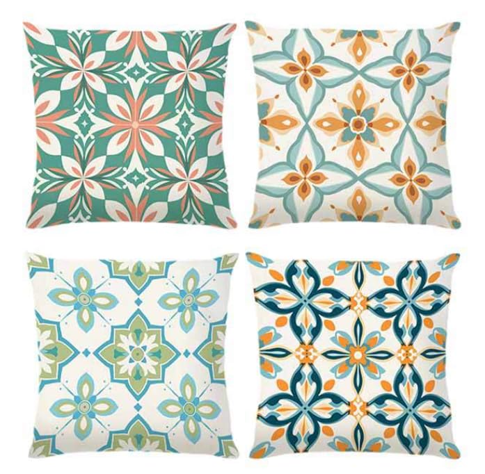 BAOKU Boho Geometric Square Outdoor Cushion Covers, Blue yellow Bohemian Pillow Case, Pillow Cover Soft Linen Fabric 18x18 inch Set One Pack of 4 Devorative for Couch Farmhouse Sofa