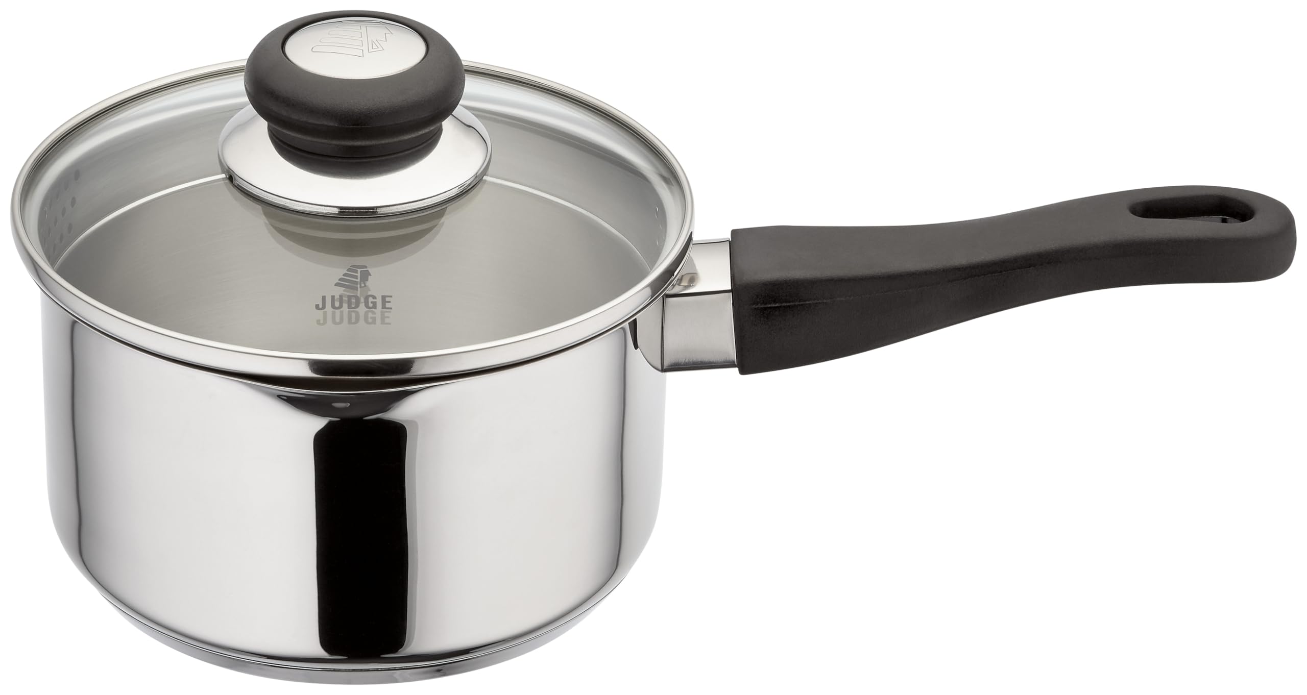 Judge Vista Draining Non-Stick Saucepan 16cm, 1.5L, Silver, Shatterproof Vented Glass Lid, Induction Ready, Oven Safe