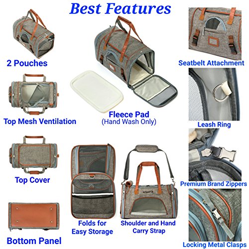 Airline Approved Soft Sided Pet Carrier, Low Profile Travel Tote with Fleece Bedding, Premium Zippers & Metal Safety Clasp, Under Seat Compatibility, Perfect for Cats and Small Dogs