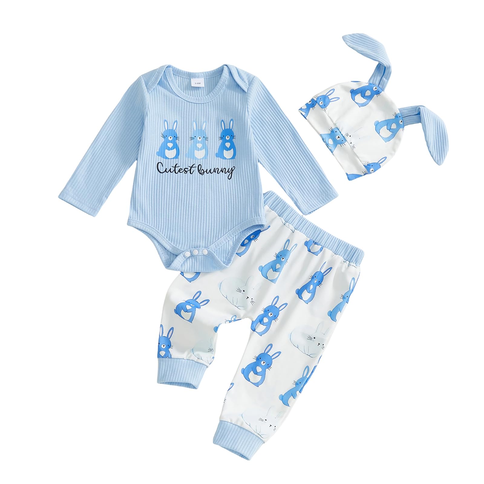 Loalirando Newborn Baby Boy Girl Easter Clothes Outfits Bunny Ribbed Long Sleeve Romper Trouser Hat Rabbit Clothing Set (Blue, 0-3 Months)