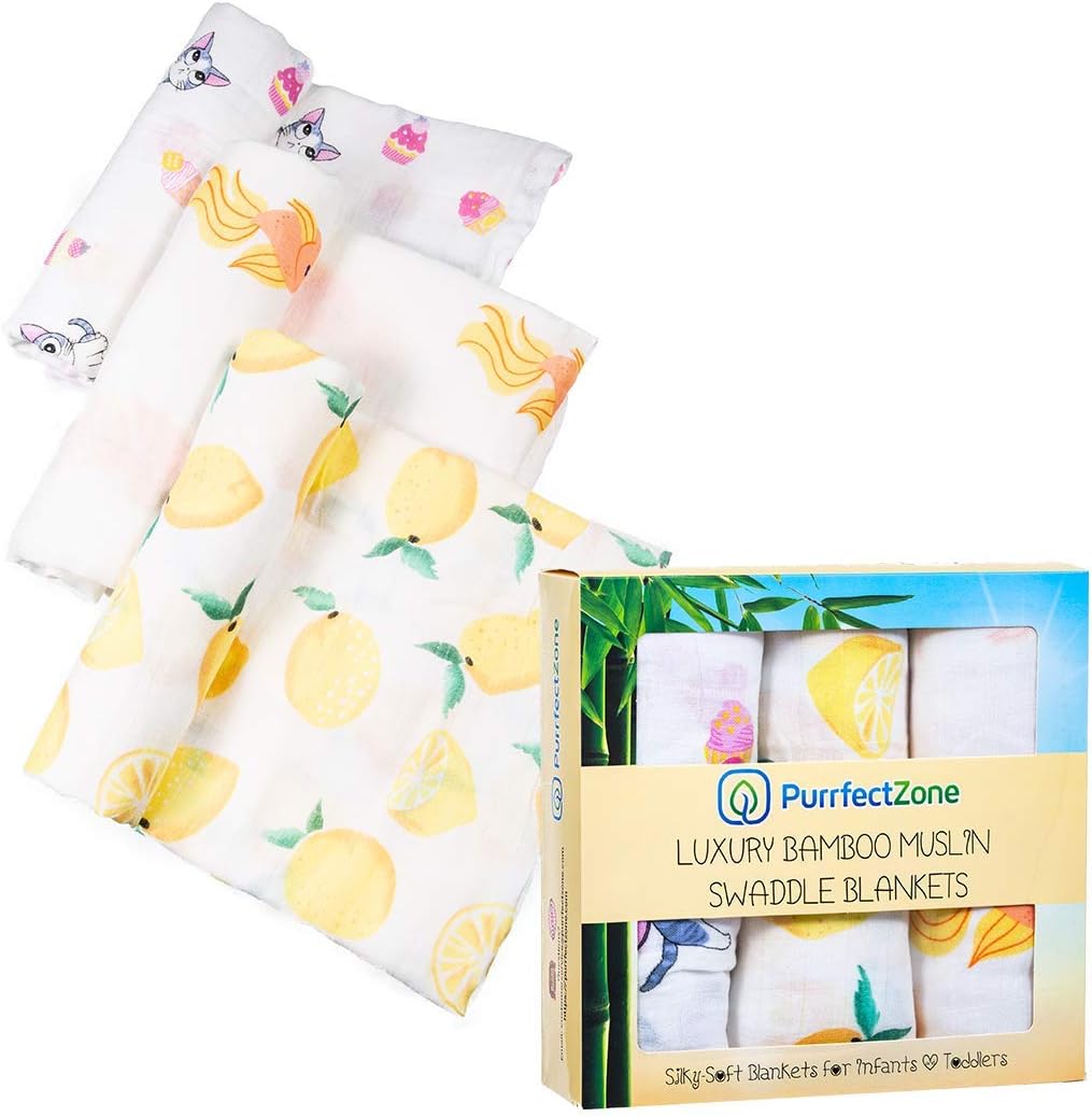 Purrfectzone Baby Swaddle Blanket Unisex Swaddle Wrap Soft Silky Bamboo Muslin Swaddle Blankets Neutral Receiving Blanket for Boys and Girls, 47 x 47 inches, Set of 3 – Cats/Fish/Lemon
