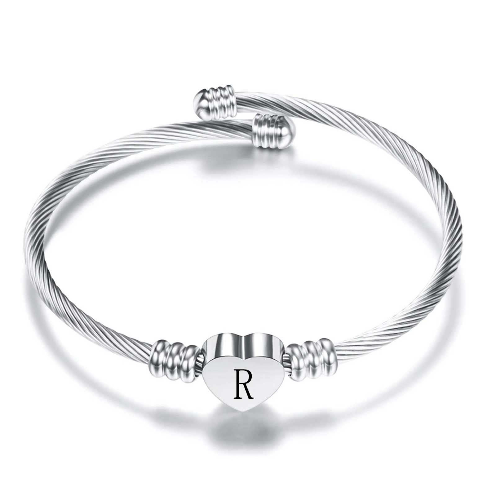 KunBead Jewelry Women Girls Initial Letter R Cuff Bracelet Silver Alphabet Love Heart Bangle Bracelets Gift for Birthday Stainless Steel
