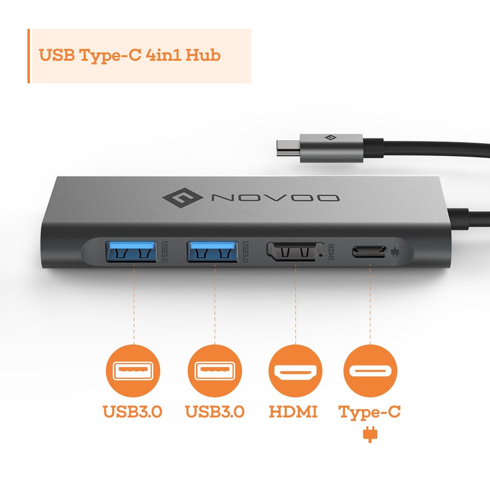 USB C Hub, NOVOO 4 in 1 Aluminum Type C Hub with HDMI 4K Adapter, USB C PD Charging Port, 2 USB 3.0 ports for MacBook Pro 2017/2016, HW MateBook, Chromebook, Samsung S8 and Other Type C Devices