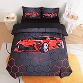 Podol 5 Pieces Race Car Comforter Set Full Size Red Sports Car Bedding Sets for Boy 3D Geometric Bed in a Bag with 1 Comforter, 2 Pillowcases, 1 Flat Sheet and 1 Fitted Sheet