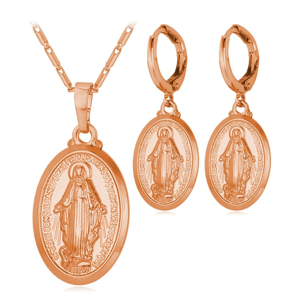 U7 Virgin Mary Jewelry Set Religious Platinum Plated Oval