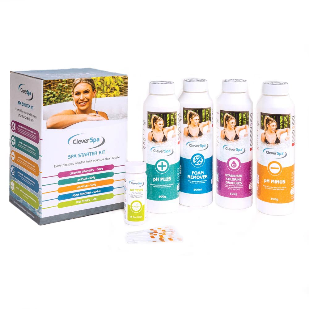 CleverSpa Universal Spa Natural Chemical Outdoor Hot Tub Starter Kit with Stabilizing Granules, Foam Remover, pH Minus, pH Plus, & Dip Tests, (5 Pack)