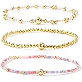 Ustome 3Pcs Stack Gold Plated Ball Seed Beaded Bracelets Set For Women, Boho Handmade Colorful Cute Unique Stretch Accessories Smooth Jewelry, Summer Beach Daily Party Friendship Gift