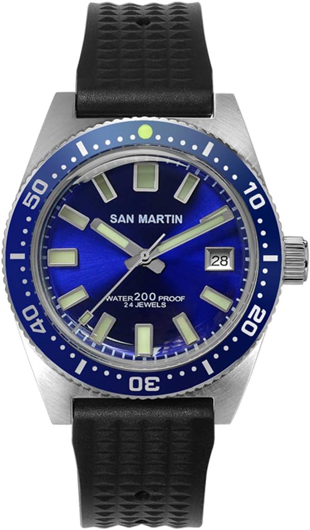 San Martin 62MAS Men's Automatic Diving Watch Sapphire Crystal 200m Water Resistance Stainless Steel Case Silicone Strap (with Logo)