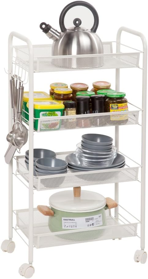 Teeker 4-Tier Mesh Wire Rolling Cart,Multifunction Utility Cart,Kitchen Storage Cart on Wheels, Steel Wire Basket Shelving Trolley,Easy Moving, (Ivory White)