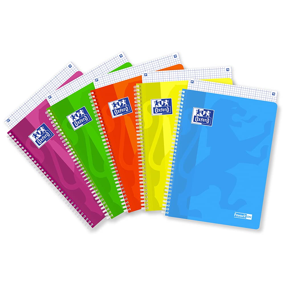 Oxford Favorit Spiral Notebook, A4, Squared Ruling, 5 mm, Paper 90 g/m², Pack of 5, Assorted Neon Colours