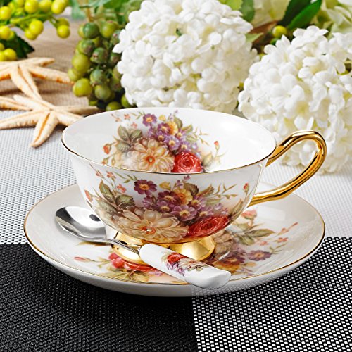Panbado 3 Piece Bone China Tea Cup Saucer Set with Spoon Porcelain Gold Rimmed Teacup Coffee, Flower, 200ml, 6.8 oz., White/Golden