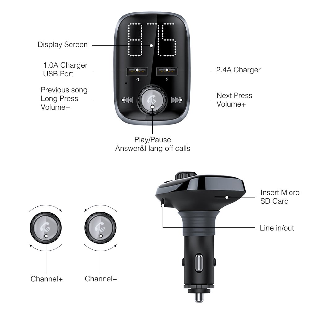 Bluetooth FM Transmitter, BliGli Dual USB Car Charger MP3 Player Handsfree Car Kit Wireless Radio Audio Adapter for iPhoneX / 8 / 7 / 6s / Plus, iPad Pro, Galaxy , Note 5 / 4, LG, Nexus, HTC and More (Black 2)