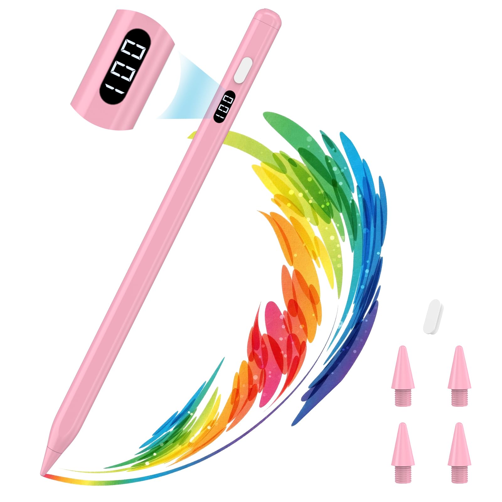 MoKo Stylus Pen for iPad 2018-2025, USB-C Fast Charging Pencil with LED Power Display Tilt Sensitivity for Apple iPad A16/11/10/9/8/7/6, Air 7/6/5/4/3/M3/M2, Pro 13"/12.9"/11"/M4, Mini 7/6/5, Pink