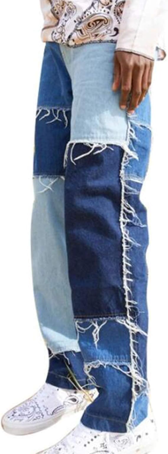Suncolour Men Baggy Jeans Patchwork Denim Pants High Waist Denim 90s