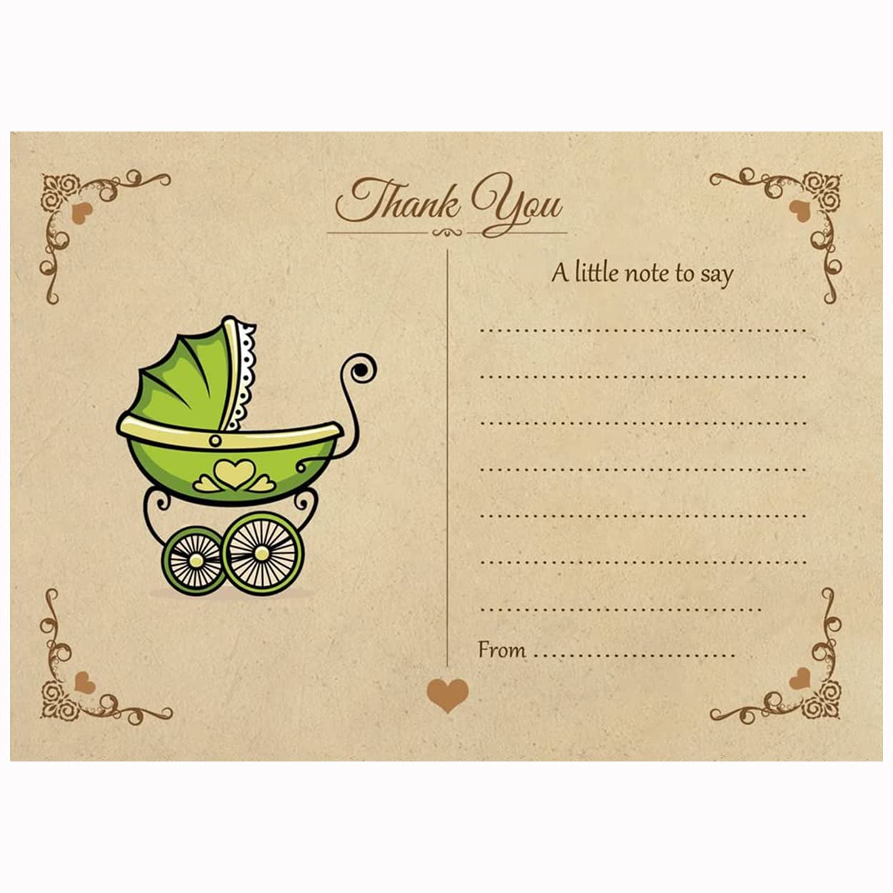 Vintage Pram Thank You Note Cards With Brown Kraft Envelopes - Pack of 20 - By Artstore