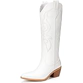 Platikly White Cowboy Boots for Women - Wide Calf Rhinestone Cowgirl Boots, Women Knee High Western Boots, Glitter Sparkly Ladies Tall Boots with Classic Embroidery and Side Zipper, Retro Classic Country Boots Pull On for Ladies