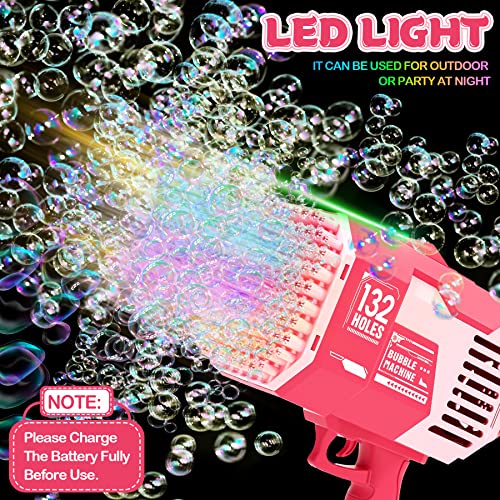 Bubble Machine Gun, Upgraded 132 Holes Bubble Gun with Lights/Bubble Solution, Bubble Maker for Kids Boys Girls Adults Outdoor Indoor Birthday Wedding Party Gifts,Pink