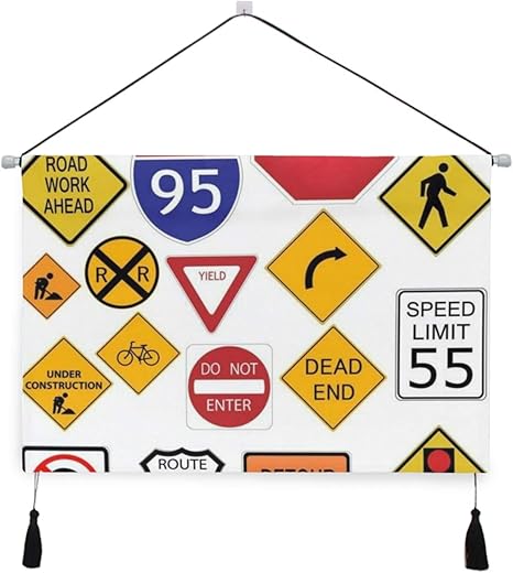 Amazon Co Jp Ecomaomi 壁掛けタペストリー 黄色のトラフィックオレンジ色の白い州間ルートのさまざまな道路高速道路の迂回歩行者警告信号 おしゃれ壁吊り 多機能ホーム装飾 模様替え モダン ウォールアート 部屋 新居祝い ホーム キッチン